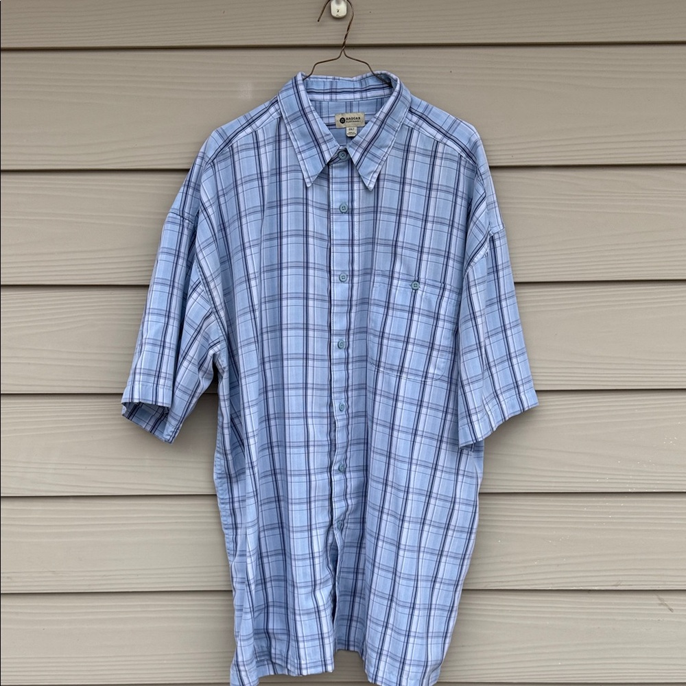 Haggar Men's Light Blue Plaid Button Down Shirt 2 XLT